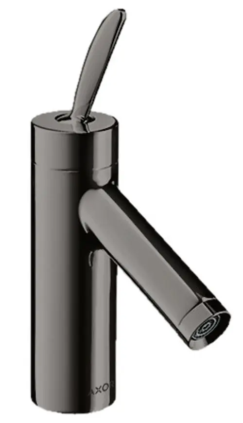 Waschtischmischer in glänzend schwarzem Chrom mit einem Hebel und seitlicher Auslauföffnung, ausgestattet mit einer Zugstangen-Ablaufgarnitur von der Marke AXOR.